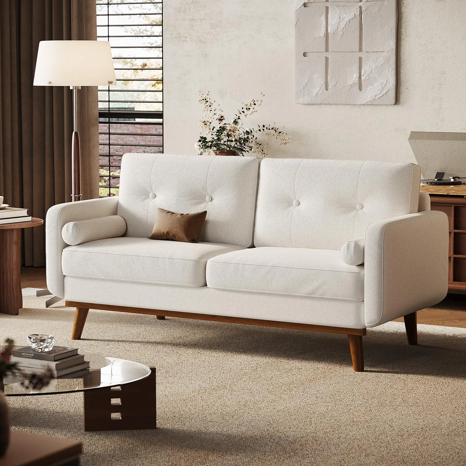 Sofá moderno de meados do século de 65 ", sofá loveseat, sofás confortáveis com assento amor para sala de estar, sofá de assento profundo estofado em linho de 2 lugares