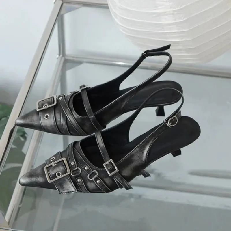 2026Vintage Stiletto Sandals Fall New Pointed Toe Shallow Rivet Metal Buckle One Strap Anti-Slip Wear-Resistant High Heels