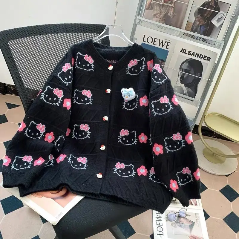 

Sanrioed Hello Kittys, весенне-зимний вязаный свитер в консервативном стиле, топы с длинными рукавами для девочек, свободные топы с круглым вырезом, трендовый сладкий подарок