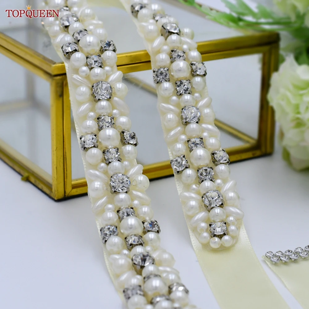 

TOPQUEEN Wedding Dresses Bridal Belts Pearl Crystal Decoration Applique Bridesmaids Belt Women Evening Gown Ribbon Sash S380