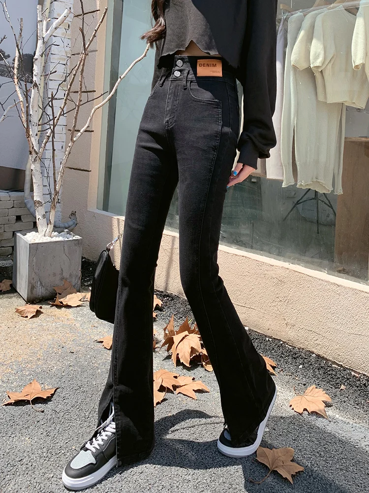 High Waist Black Micro Flared Jeans Women's Autumn Winter New Style Small Size Pear Shape Floor Length Pants Casual Cotton St...