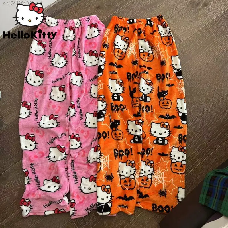 Sanrio Hello Kitty Plush Pajama Sleepwear Pants Women's Winter Halloween New Warm Casual Pjs Home Wear Pants Cute Fuzzy Trousers