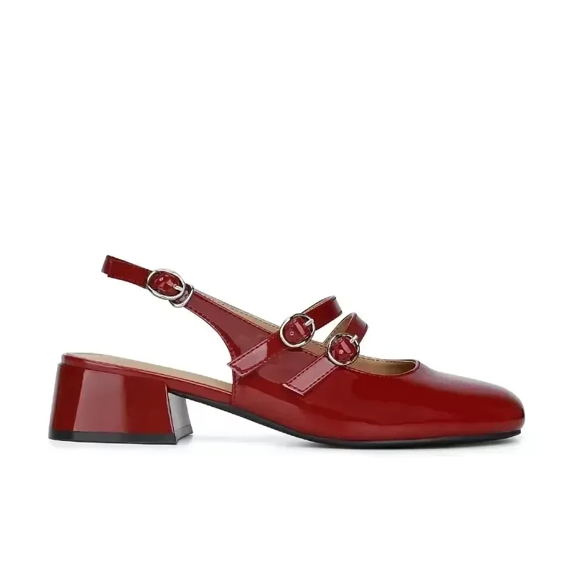 Comemore Classic Red Mary Jeans Woman Patent Leather Med-High Heels Sandals Two Buckle Belt Strap Shoes Femme Slingback Lolita