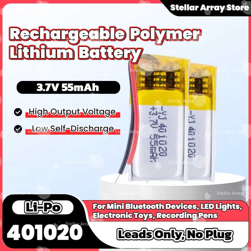

Rechargeable Polymer Lithium Battery 401020, 3.7V 55mAh for Portable Audio, Recording Pen, RC Cars and LED Applications