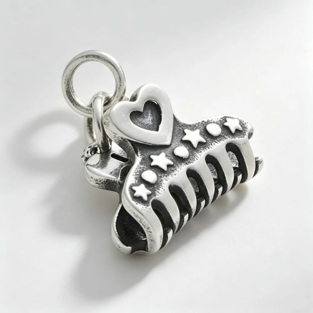 S925 Antique Silver Hair Claw Charm Pendant Heart Star Pattern Bead Fit Snake Chain Bracelet DIY Jewelry  Accessories Women