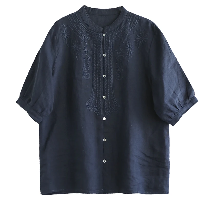 Retro Japońska Koszula z Bawełny i Lnu, Luźny Krój Wyszczuplający, Haftowana, Modna, Casualowa, Okrągły Dekolt, Pięciokrotnie Zbierana