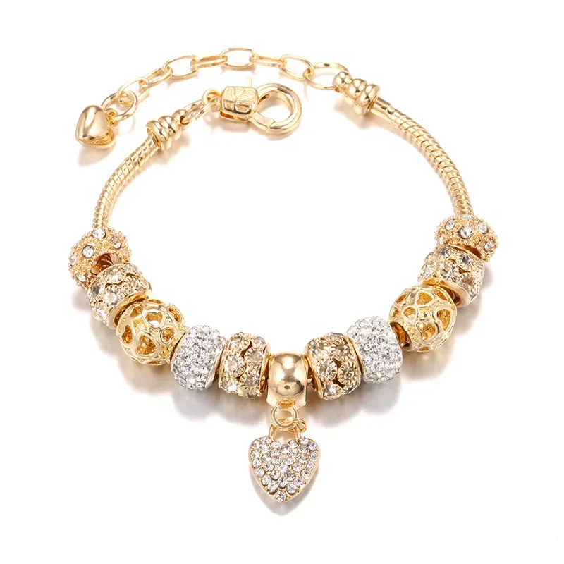 2024 New Crystal Heart Beads Charm Bracelets Gold Color Snake Chain Brand Bracelets for Women Lover Valentine\'s Day Jewelry Gift