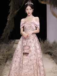 Elegant Pink Celebrity Dresses Flower Boat Neck Off the Shoulder A-line Jacquard Lace-up Slim Woman Ceremony Evening Gowns New