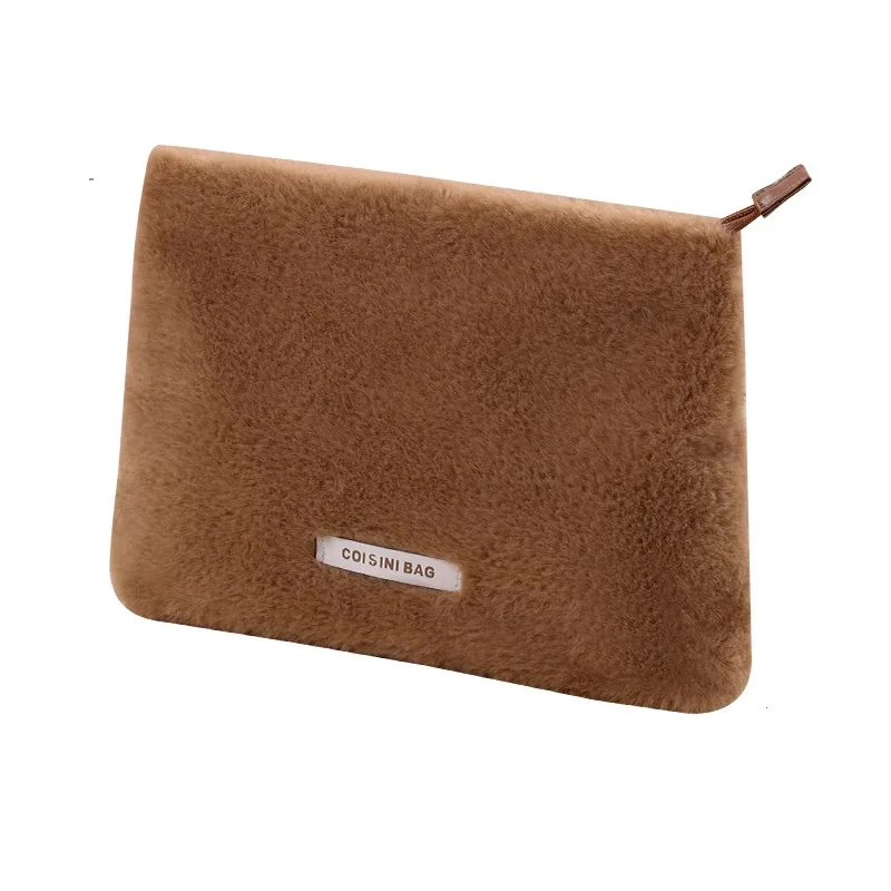 Warm Cosmetic Bag for Winter Fur Makeup Bags for Women Smooth and Soft Box for Travel Pure Colour Cute Washing Pouch with Zipper