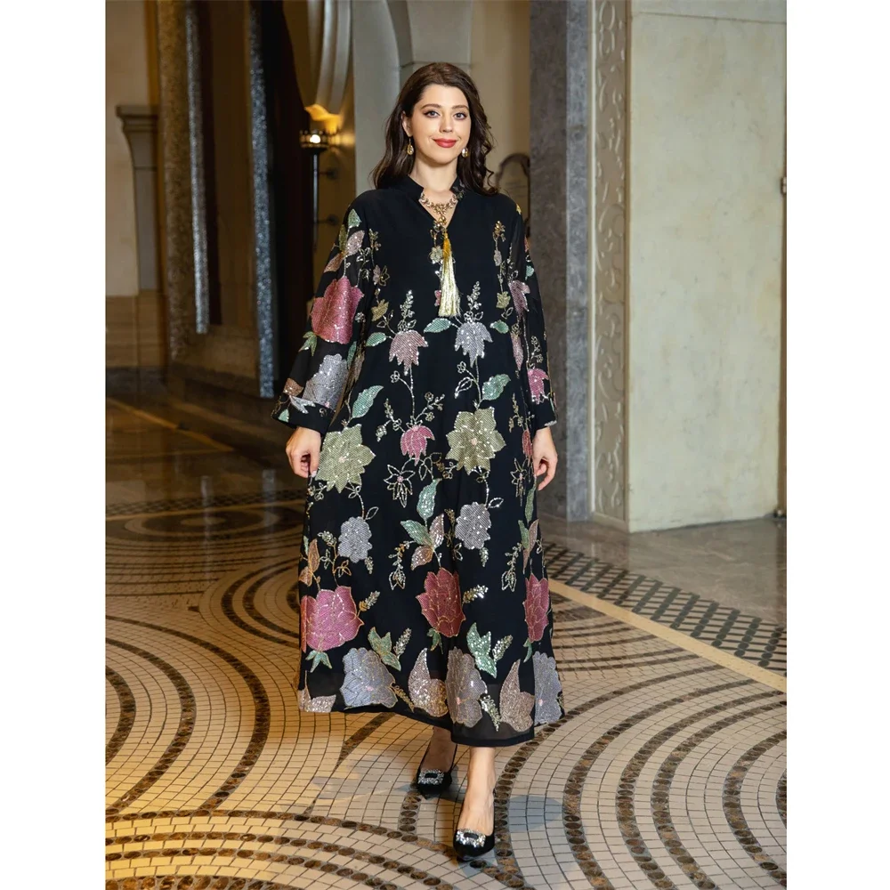 

2025 Sequin Embroidery Eid Party Dress Women Muslim Abaya Print Jalabiya Ramadan Femme Caftan Turkey Kaftan Robe Marocain Kebaya