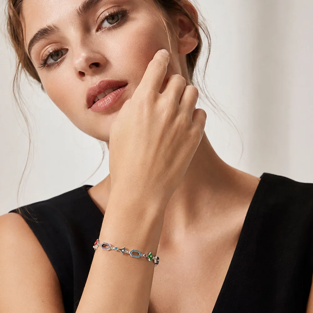 Colorful Asian Ornament Link Chain Far-Eastern Bracelet For Women 925 Sterling Silver Jewelry Feminine Gift
