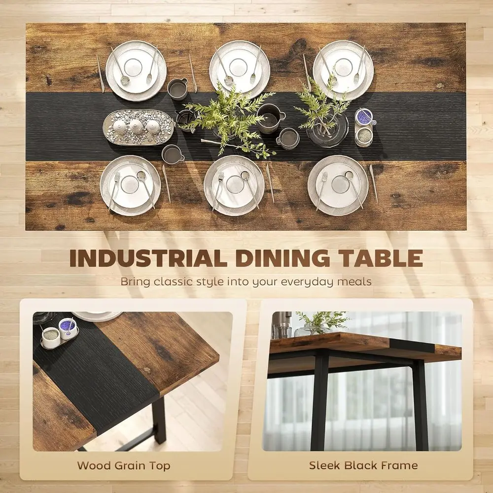 Mesa de jantar rústica marrom de 8 lugares, design retangular 70,9 com pernas de aço