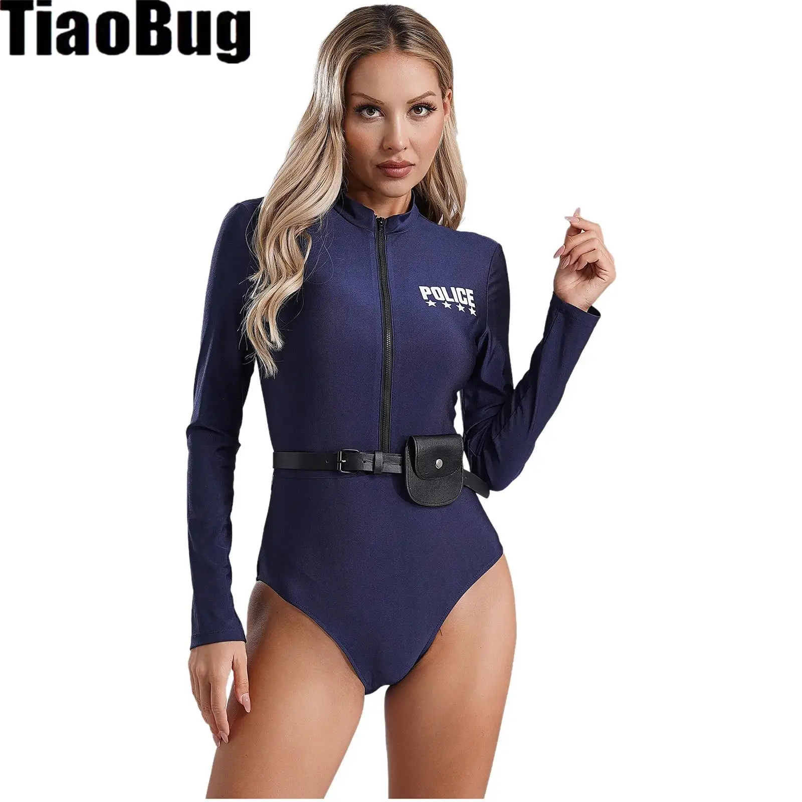 

Womens Police Uniform Suit Policewoman Dirty Cop Cosplay Costume Front Zipper Long Sleeve Print Bodysuit with Belt And Purse