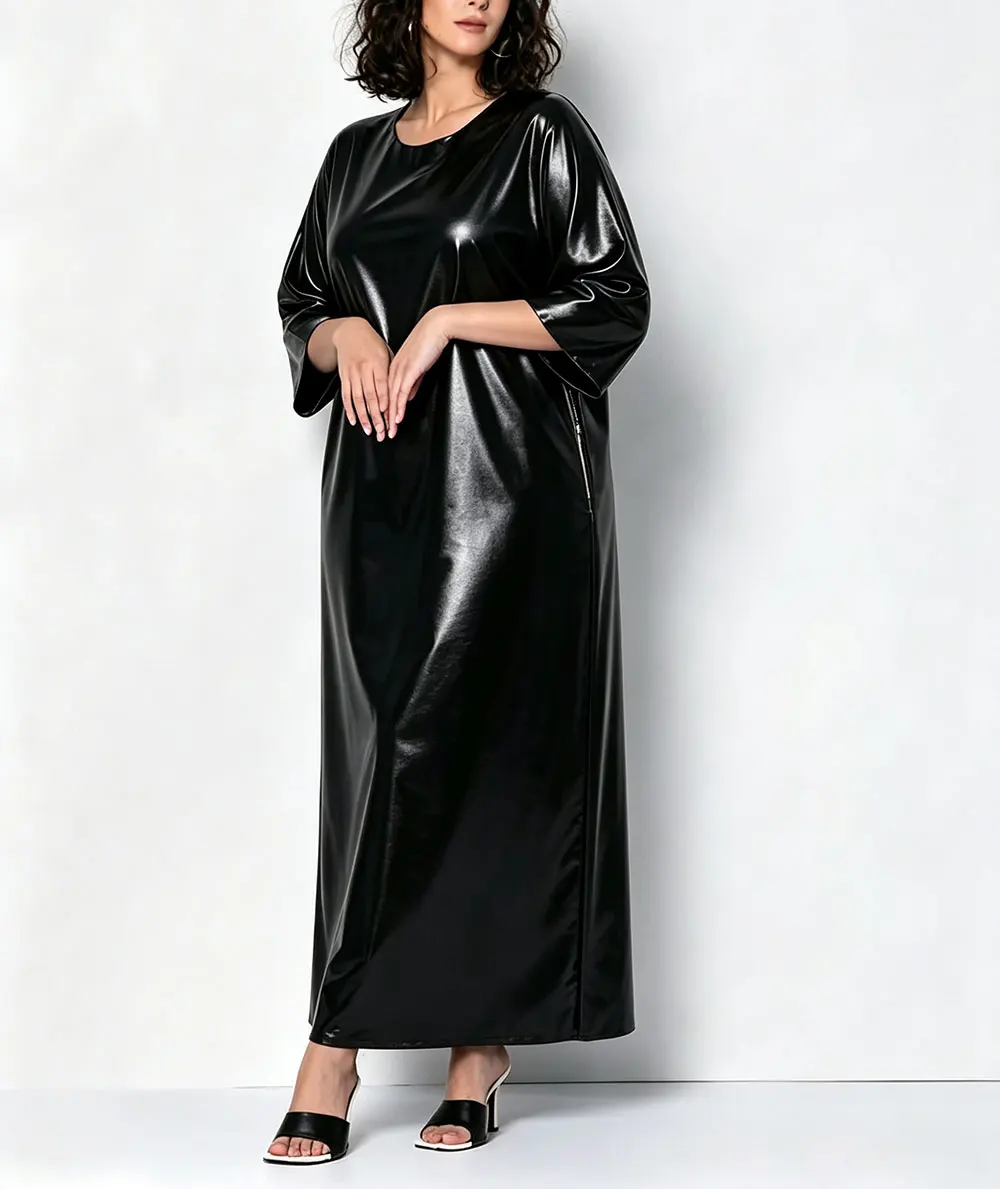 Plus-Size-Maxikleid mit glänzendem Leder-Look, Damen, O-Ausschnitt, 3/4-Ärmel, lockere Passform, gerade geschnittene Seitenschlitze, knöchellanges Party- und Abendkleid