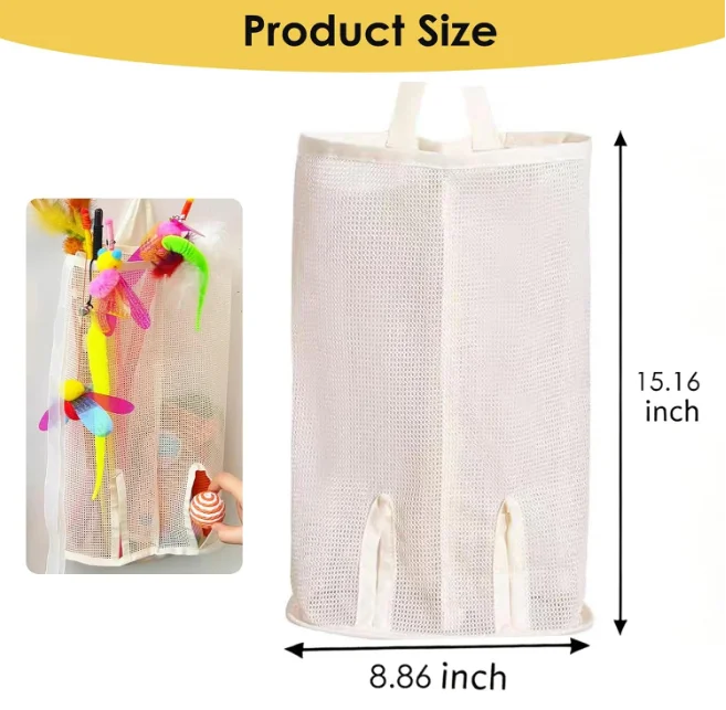 Hanging Cat Toy Storage Net Bag, Wall Mounted Cat Teaser Wand Organizer, Door Behind Pet Supplies Storage Pocket for Cat Toys