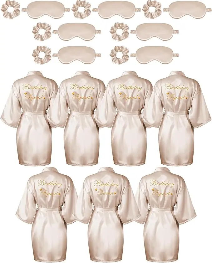 21 Pcs Women Birthday Party Robe Set Queen Squad Kimono Satin Bathrobes with Eye Mask and Scrunchie for Birthday