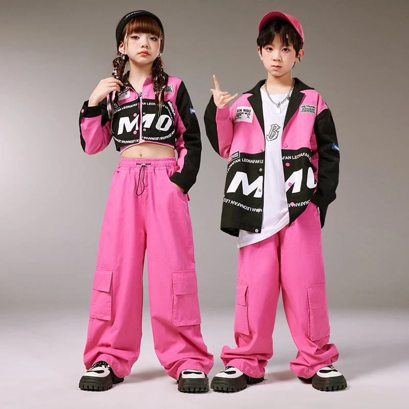 

Kids Hip Hop Clothing Pink Racing Shirt Crop Tops Casual Cargo Pants for Girl Boy Jazz Dance Costumes Streetwear Clothes