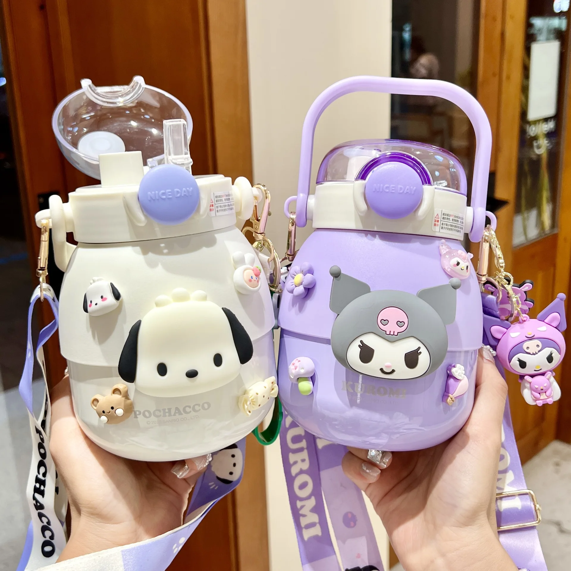 Snario Kuromi  Children's Thermos Bottle Food Grade Safety 316 Steel Girl Primary School Straw Hot Water Cup Student Kawaii