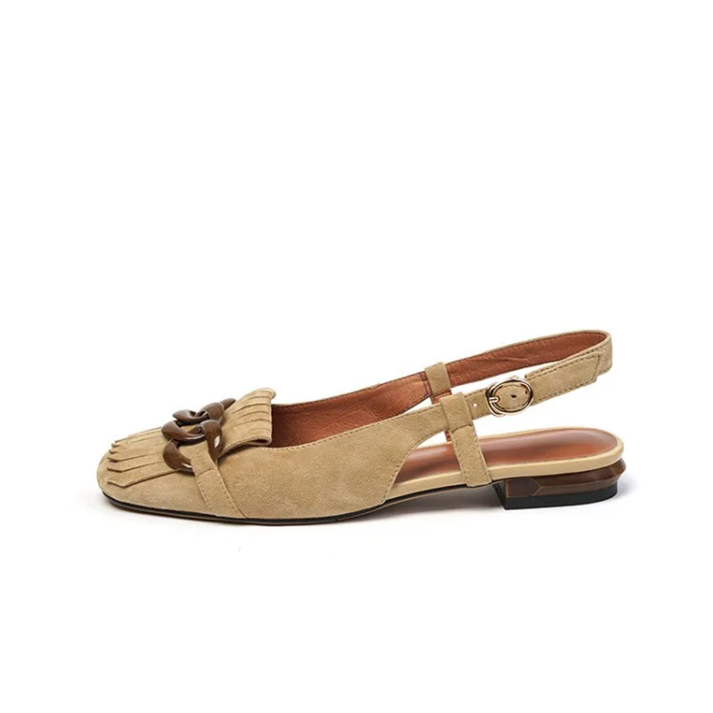 

Сандалии с бахромой в стиле ретро, тренд 2025, женские элегантные туфли на плоской подошве, летние туфли из овечьей замши с носком, вечерние туфли абрикосово-синего цвета FT5204