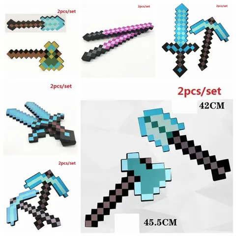 2 개/대 Minecraft 디자인 블루 다이아몬드 칼 소프트 EVA 폼 장난감 도끼 삽 선택 키트 소년을위한 장난감 어린이 팬 생일 선물