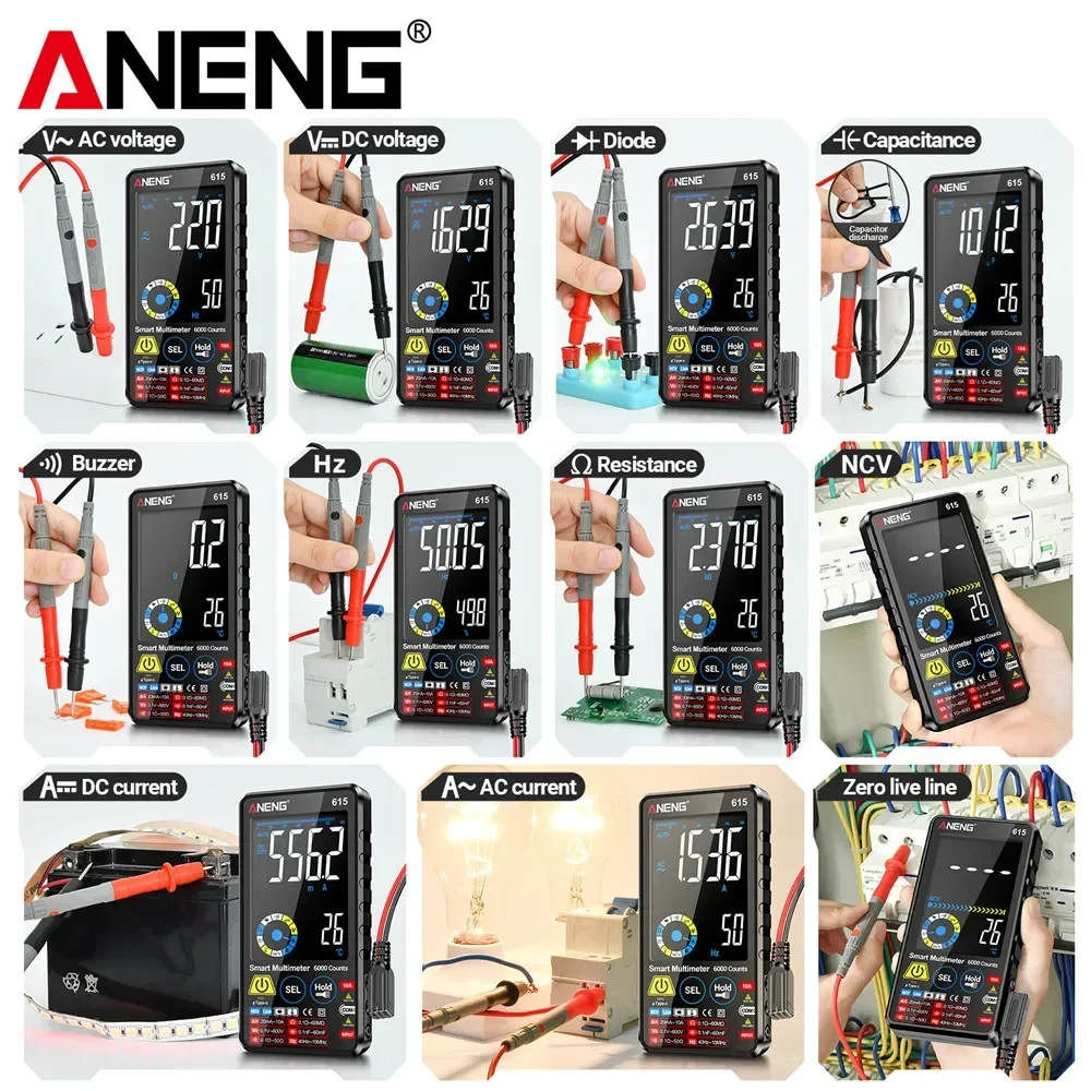 مقياس متعدد رقمي قابل لإعادة الشحن ANENG 615 الذكية التيار المتناوب/تيار مستمر الجهد فاحص التيار اللمس الراقية 6000 التهم أدوات الاختبار المتعددة #5