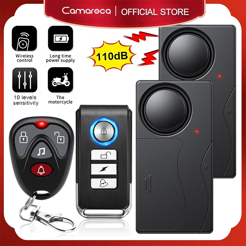 Camaroca Allarme a vibrazione wireless Allarme antifurto per porte e finestre con telecomando Sensori di sicurezza per biciclette da moto da 110 dB