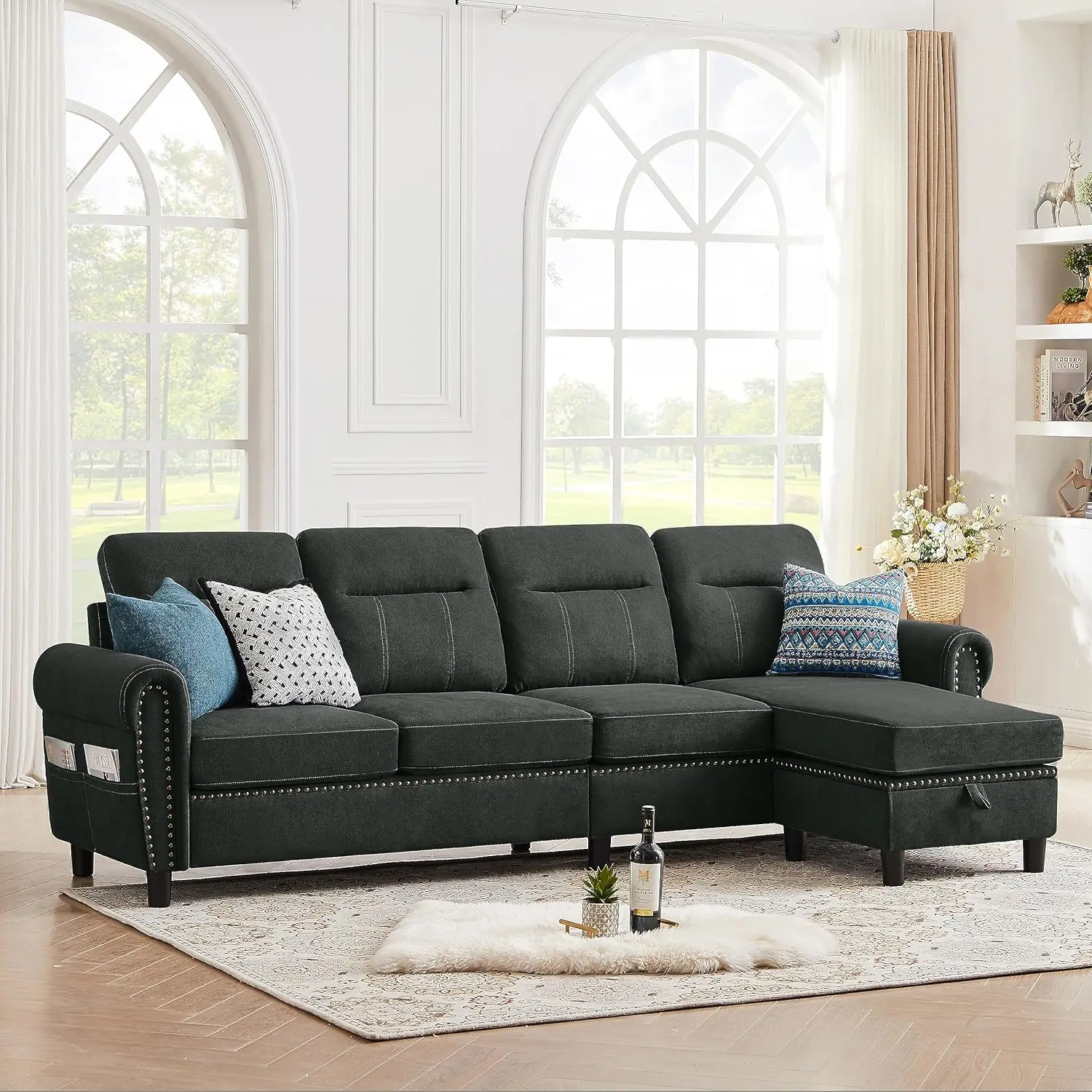 

106" Convertible Sectional Sofa, L Shaped Couch with Storage Chaise and Side Pocket, Modern Reversible 4 Seater Couch for Office