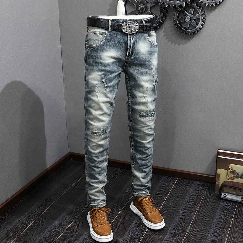 

Street Fashion Men Jeans Retro Washed Blue Stretch Slim Fit Embroidery Patched Ripped Jeans Men Vintage Denim Pants Hombre