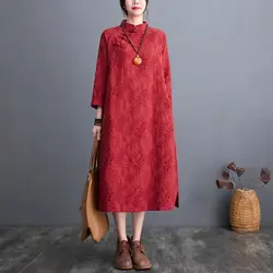 Autumn Large Size Loose Jacquard Dress Women's 2025 Spring Fashion Stand Collar Retro Zen Linen Robe Casual Qipao Dress A641