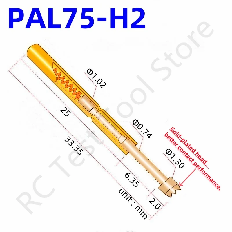 100PCS PAL75-H2 Spring Test Probe PAL75-H Test Pin Test Tool 33.35mm Dia1.02mm Gold Needle Tip Dia 1.3mm Pogo Pin PL75-H PL75-H2