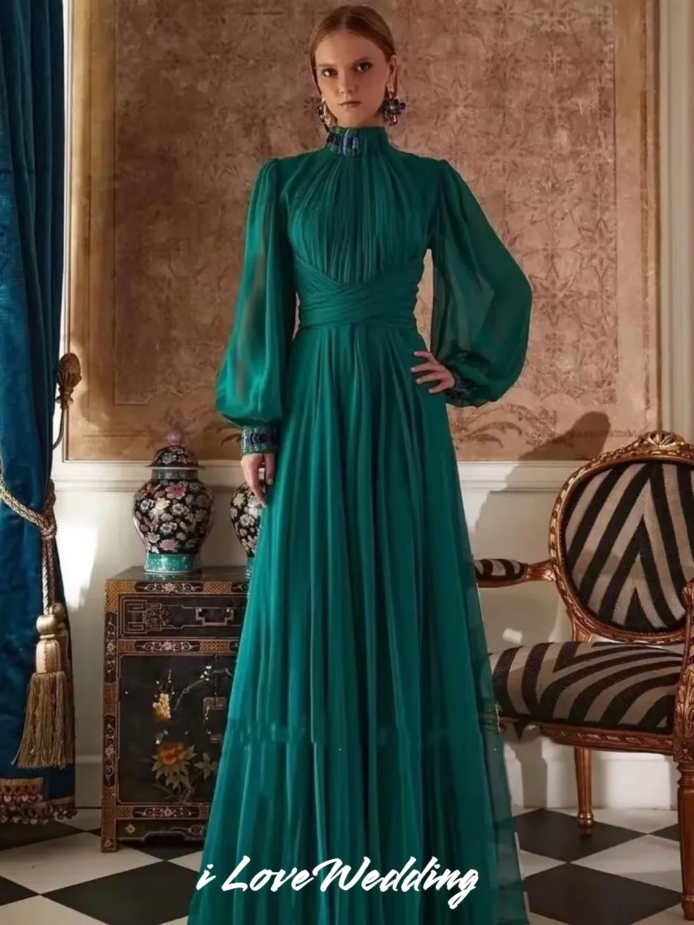 

High Neck Green Evening Dress Puff Sleeves A-line Prom Dresses Elegant Vintage Gowns Embroidered Party Dress 2025 Customized