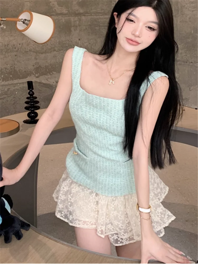 

Summer Holiday Sweet Girl 2 Pieces Sets Square Collar Slim Green Tank Top&Mini Lace Skirt Shorts Matching Women 2pc Dress Suits