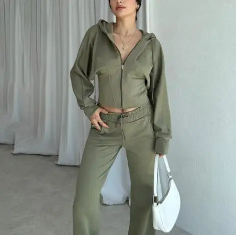

Two Piece Set Women Outfit 2025 Spring Autumn New Solid Color Long Sleeved Hooded Zipper Top & Pocket Straight Leg Pants Set