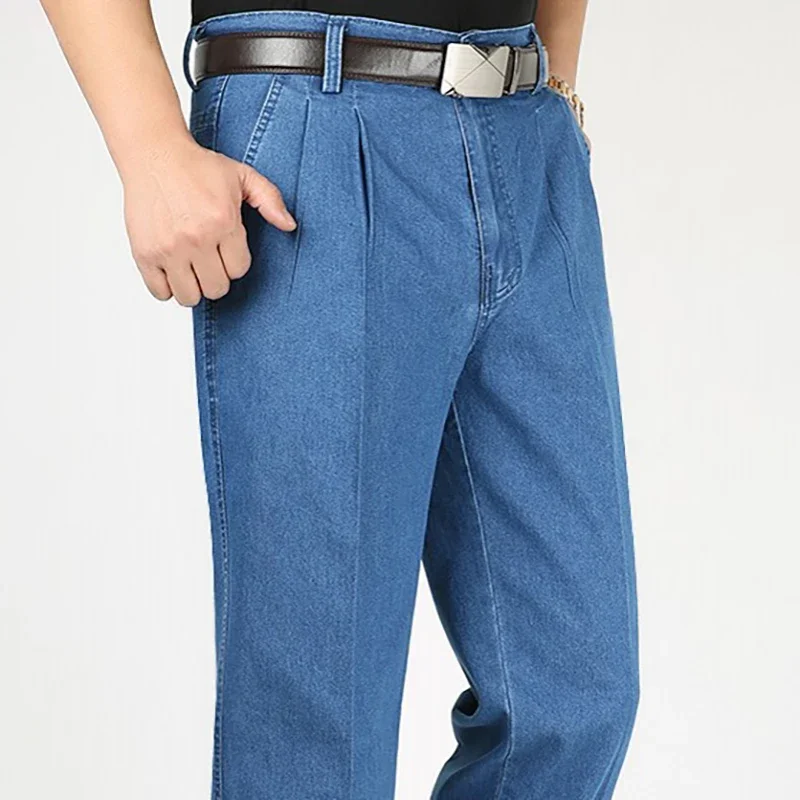 Outono duplo plissado jeans finos masculinos de meia-idade negócios lazer de meia-idade e idosos elásticos calças de perna reta