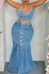 Women's Plus Size Denim Two Piece V-Neck Sexy Mermaid Skirt and Halter Cropped Top Matching Set Casual Versatile Fashion Outfits