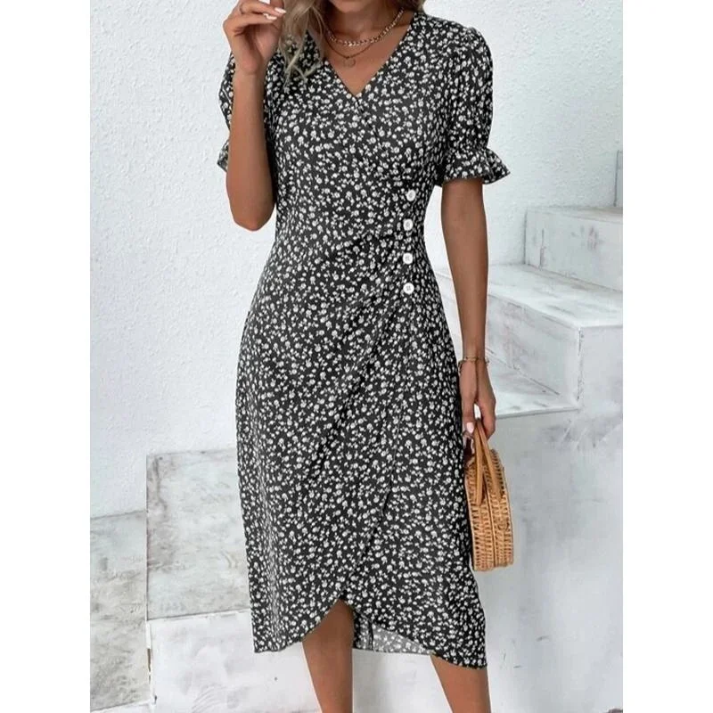 Women\'s Summer Popular Fashion Elegant Dotted Flower Print Bubble Sleeve V-neck Slim Fit Sexy Party Hem Irregular Dress S-5XL