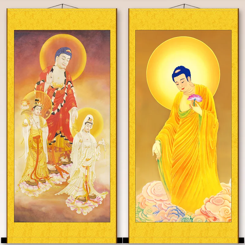 

Connect the Buddha, the three saints of the west, Amitabha, Avalokitesvara, Bodhisattva, silk, scroll, hanging picture