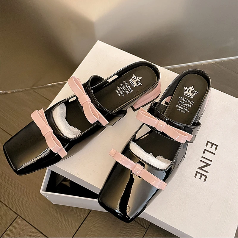 2024 New Genuine Leather Square Head Shallow Mouth Single Shoes Women's Bow Versatile Comfortable Low Heel Thick Heel Small Shoe