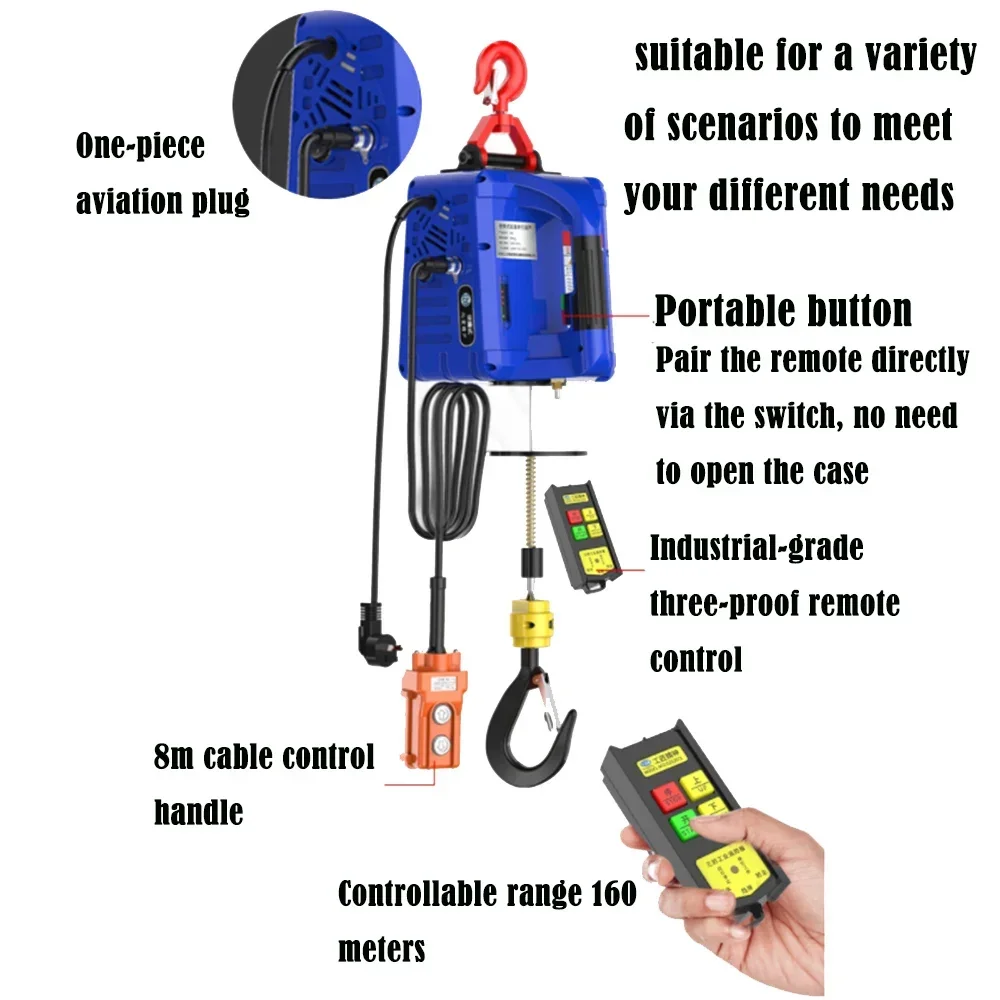 3 in 1 Electric Hoist Winch 1100lb Wireless Remote Control Cable Remote Control Portable Electric Steel Wire Rope Lifting Hoist