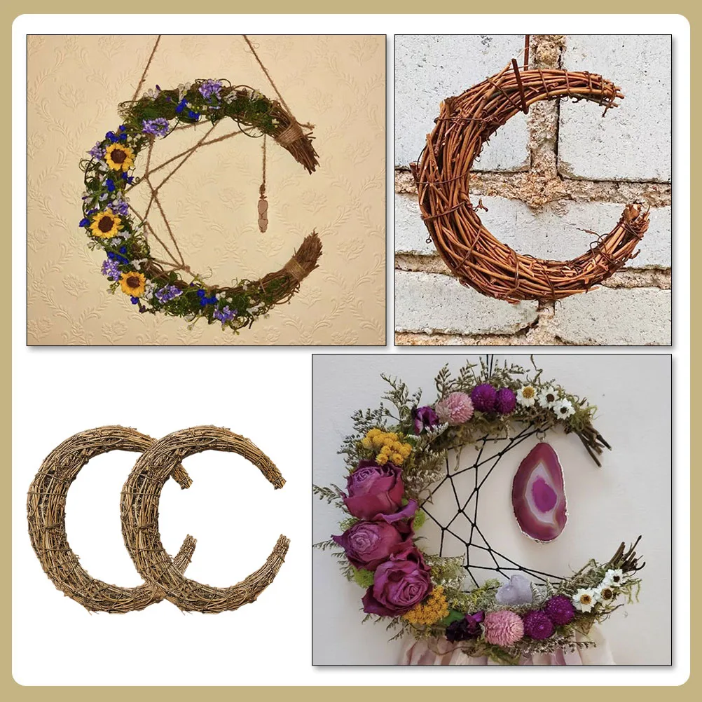 

2pcs Moon Shape Wall Decor 30cm Natural DIY Rattan Wreath Frame Garland Vine Handmade Home Garden Christmas Party