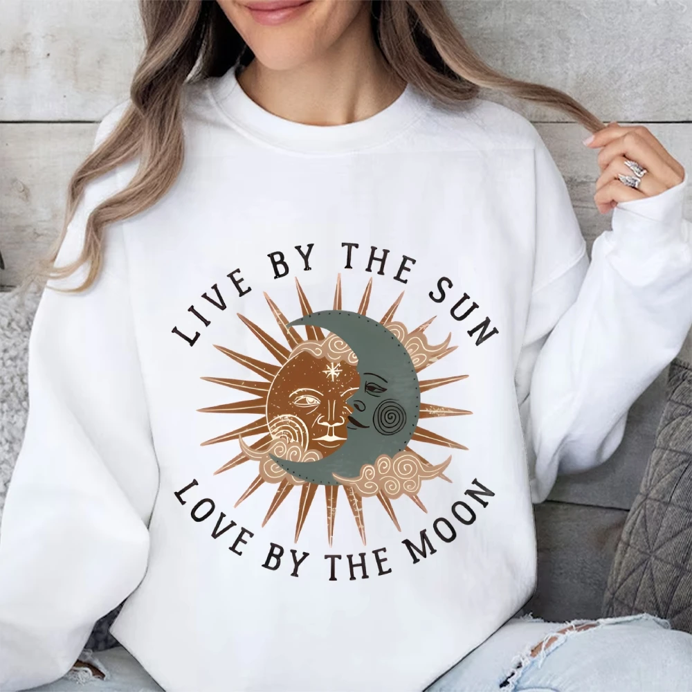 Kadın tişörtü Trendy baskılı Hoodie tarafından canlı güneş aşk ay kazak Boho ay Jumper göksel üst kış için