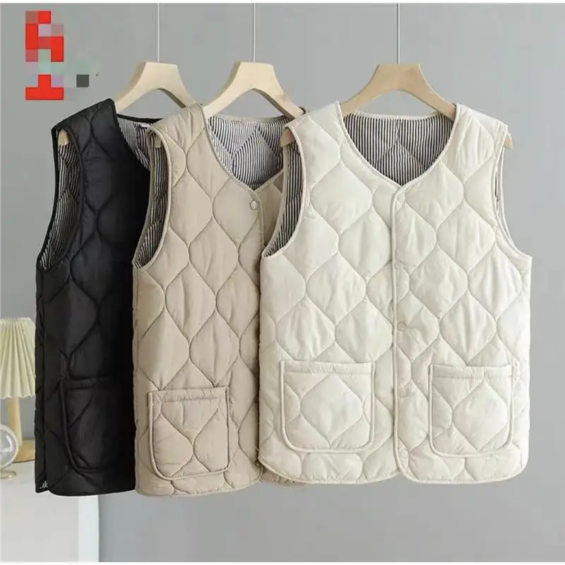 

Faionable Lightweight down Cotton Vest Mom's Autumn Wear Sli Silk Cotton Filled V-Ne Single Button Closure Regular Le...