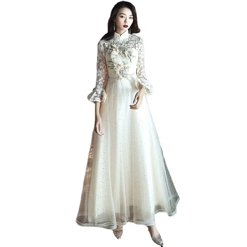 Chinese evening dress female long 2024 new banquet temperament champagne host