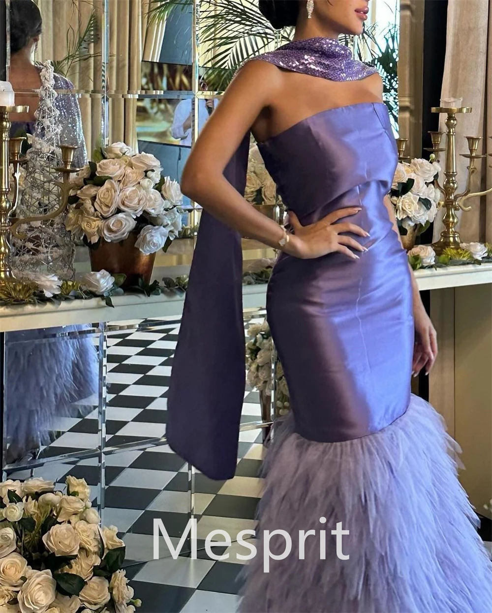 Mesprit Simple Sexy Strapless A-line Evening Dresses Halter Straps Satin Layered  Organza Custom Dress