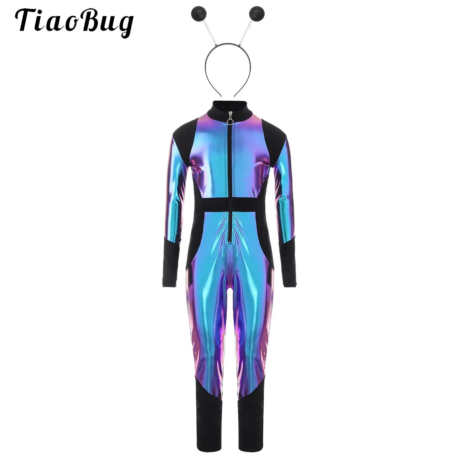 Unisex Boys Girls Cosplay Alien Robot Costume Metallic Shiny Full Body Suit Halloween Space Astronaut Jumpsuit And Hair Hoop Set