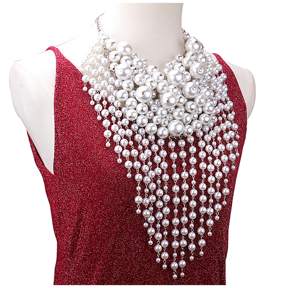 Lady's Fashion Statement Pearls Necklace Earrings Jewelry Sets for Party Wedding Prom Beaded Tassels Choker Collar Necklaces