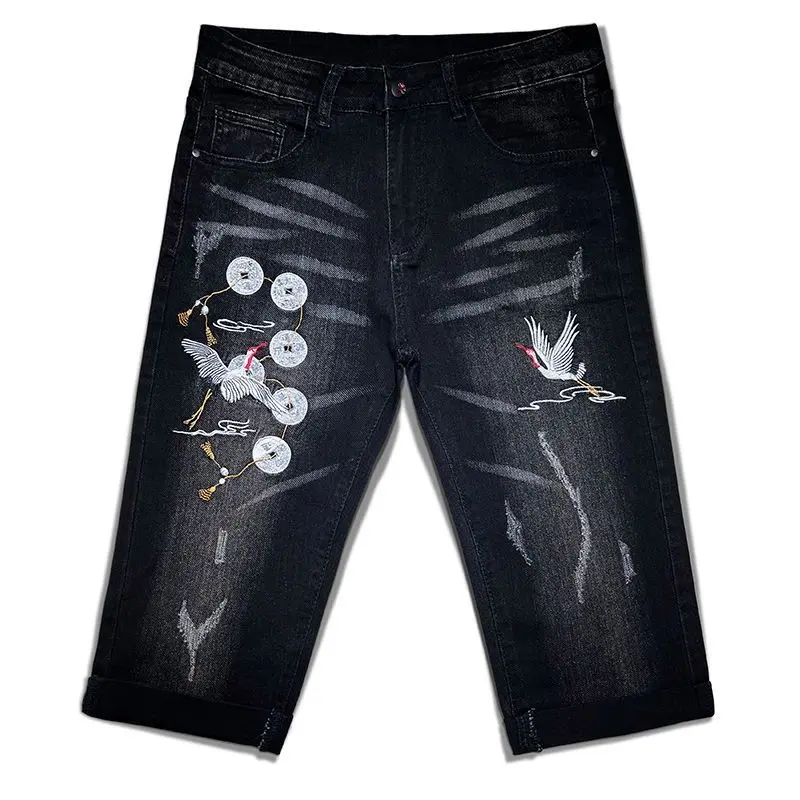 Cropped Long Jeans Men's Chinese Style Summer Crane Embroidered Pants National Fashion Stretch Skinny Slim-Fit Pants