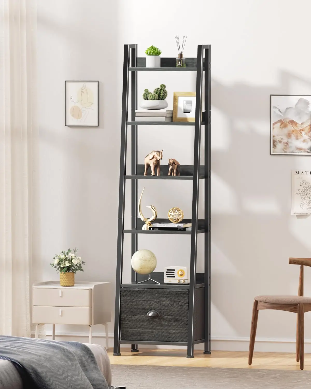 6-Tier Ladder Bookshelf with Drawer Set of 2, Wood Metal Freestanding Storage Shelf for Living Room Office Bedroom, Black Oak, C