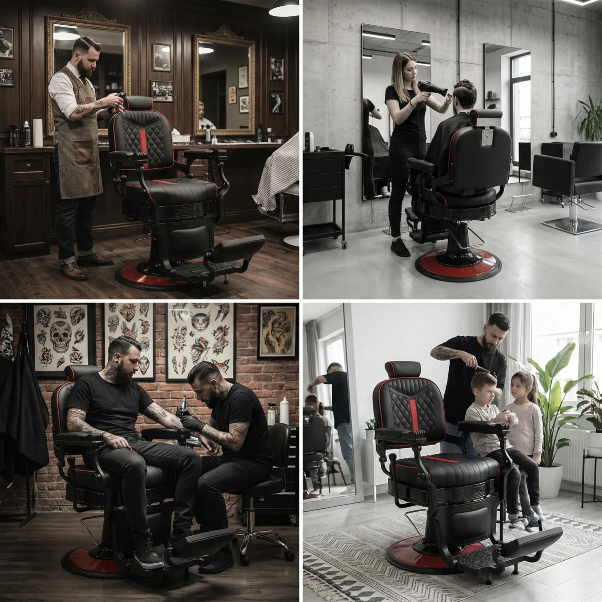 Keyunshi Black & Red Ergonomic Barber Chair, Adjustable Headrest, High-Density Cushion & Extra-Wide Footrest for Men's Grooming