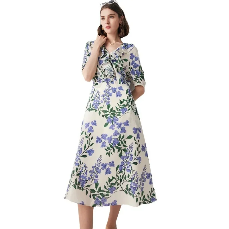 Women's Fashion New Floral French Ruffle Edge Waist Cinching 100% Natural Mulberry Silk Double Crepe Short Sleeved V-neck Dress